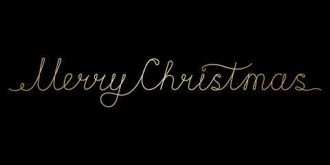 Merry Christmas handwritten continuous golden line inscription. Hand drawn lettering text on black background. Merry christmas calligraphy, brush painted letters. Vector illustration