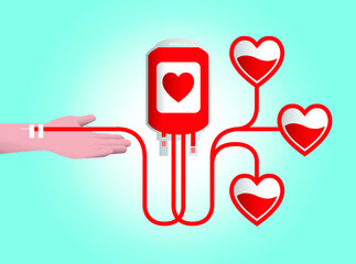 Beautiful clean vector of blood donation in one give three get concept, see red line way  from volunteer's arm to blood bag end to three of hearts, light blue gradient background vintage  retro style