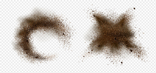 Explosion of coffee beans and powder. Vector realistic illustration of shredded roasted ground coffee and arabica grain pieces with splash of brown dust isolated on transparent background - obrazy, fototapety, plakaty