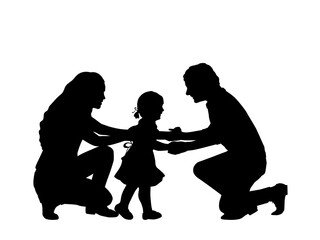 Silhouettes parents holding little daughte by hands