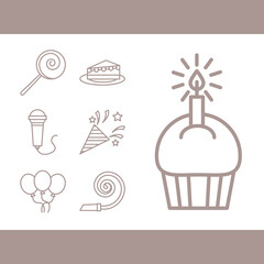 happy birthday icons collection, cupcake cake candy balloons line style