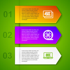 Set line 4k Ultra HD, Film reel, Laptop with 8k and Cinema camera. Business infographic template. Vector.