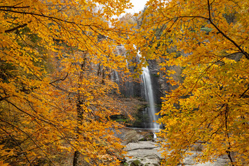 View of the waterfall in autumn. Waterfall in autumn colors. Suuctu Waterfalls, Bursa, Turkey.