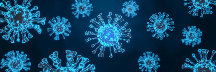 Coronavirus 2019-nCov novel coronavirus concept resposible for  coronaviruses influenza as dangerous flu strain cases as a pandemic. Microscope virus close up. 3d rendering.3D disease.Panorama. 