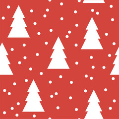 Red New Year Decorative pattern with white christmas tree. Seamless Minimal Background