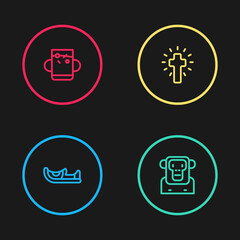 Set line Indian shoes, Monkey, Christian cross and Cup of tea and leaf icon. Vector.