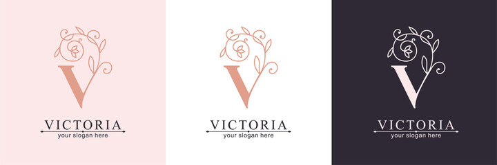 Letter V logo template. Monnogram, delicate floral design. Personal logo. Vector design.