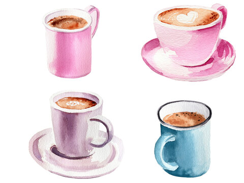 Watercolor illustration set of mugs with delicious coffee