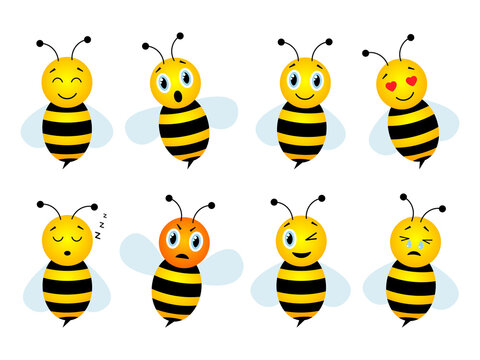 Bees emotions character collection. Cute bee set with emoji vector illustration isolated on white.