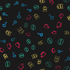 Set line Coffee filter holder, beans, pot and cup on seamless pattern. Vector.