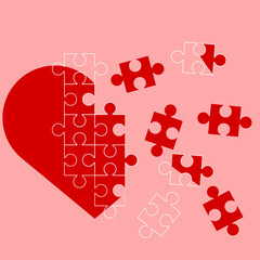 Greeting card in the form of a puzzle with a red heart with several unassembled elements. Vector image isolated on a pink background.