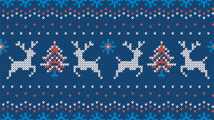 Knit seamless pattern. Christmas texture with deers, tree, snowflakes. Xmas knitted blue sweater background. Holiday fair isle traditional ornament. Festive winter print. Vector illustration.