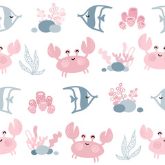 Seamless pattern with cute crabs and fish