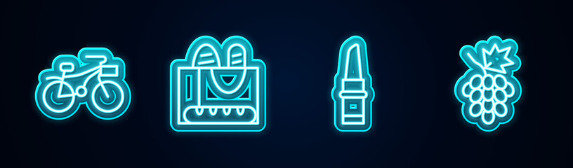 Obraz premium Set line Bicycle, French baguette bread, Lipstick and Grape fruit. Glowing neon icon. Vector.