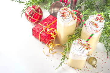 Christmas Sugar Cookie White Russian Cocktail.Xmas White Russian recipe, with whipped dream, Sugar Cookie Vanilla milkshake with crispy cookies and Sugar decor