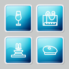 Set line Wine glass, French baguette bread, Fountain and beret icon. Vector.