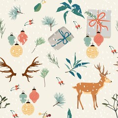 Christmas seamless pattern for greeting cards, wrapping papers. Doodle Christmas trees. Hand drawn winter background with many elements in cartoon style.  Beige background.