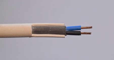 closeup pure copper power cable on a white background.