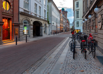 Copenhagen. Old city street at sunrise.