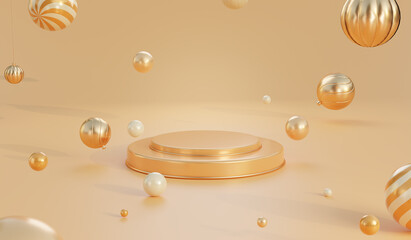 Golden Christmas ball with gold podium backdrop decorate with geometric balls 3d rendering