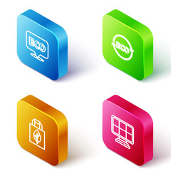Set Isometric line Label for eco healthy food, , Shopping bag with recycle and Solar energy panel icon. Vector.