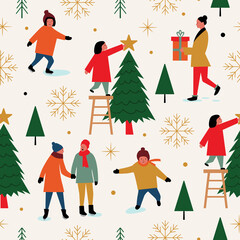 Playful Seamless Christmas Pattern with People and Christmas Tree in Vector.