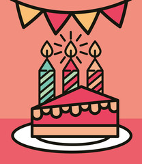 happy birthday slice cake with candles and pennants decoration card