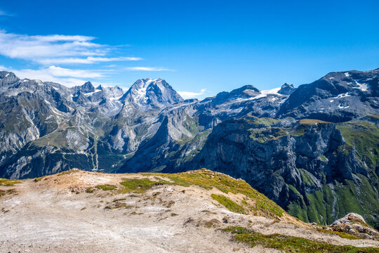 Mountain glaciers landscape view from the Petit Mont Blanc in Pralognan la Vanoise, French alps