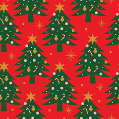 Seamless Christmas Tree Pattern on Red Background in Vector.