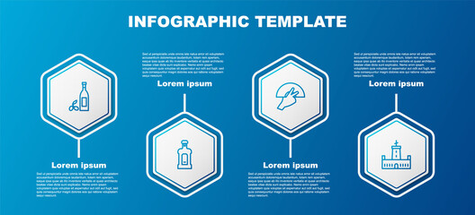 Set line Bottle of olive oil, Orujo, Fan flamenco and Montjuic castle. Business infographic template. Vector.