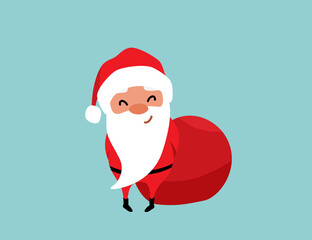 Embarrassed christmas Santa Claus holds his hands behind his back, hides a huge red bag of gifts. Winter holiday mood vector background