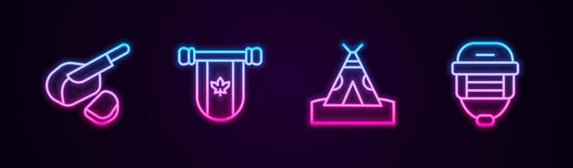 Set line Peameal bacon, Pennant Canada, Indian teepee or wigwam and Hockey helmet. Glowing neon icon. Vector.