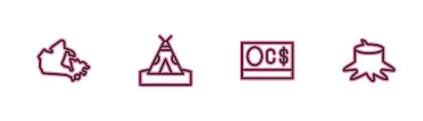 Set line Canada map, Canadian dollar, Indian teepee or wigwam and Tree stump icon. Vector. © vector_v
