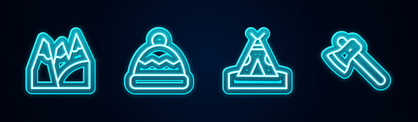 Set line Mountains, Beanie hat, Indian teepee or wigwam and Wooden axe. Glowing neon icon. Vector. © vector_v