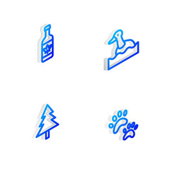 Set Isometric line Flying duck, Beer bottle, Christmas tree and Paw print icon. Vector.
