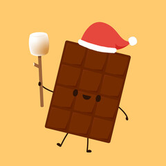 Chocolate character design. Chocolate vector. Santa hat. Marshmallow stick vector.