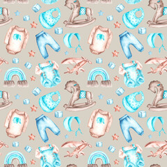 Baby toys and clothes watercolor seamless pattern. Birthday, baby shower. Newborn, little boy. Wooden horse, plane, rainbow macrame. For printing on textiles, fabrics, packaging, covers, dishes.