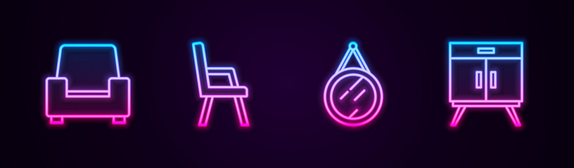 Set line Armchair, , Mirror and Chest of drawers. Glowing neon icon. Vector.