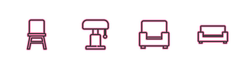Set line Chair, Armchair, Table lamp and Sofa icon. Vector.