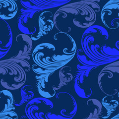 Vector seamless pattern of blue color with twigs, curls for printing on textiles, Wallpaper, packaging paper.