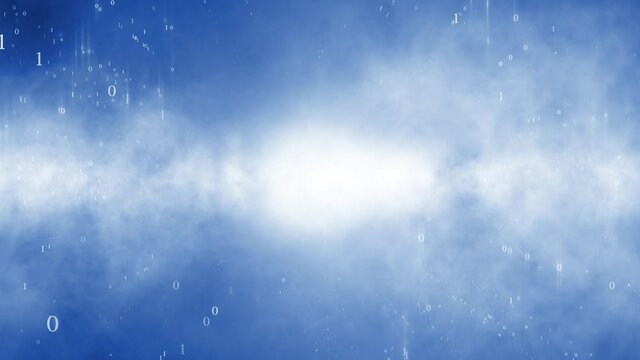 Artistic computer network binary numbers rotation on a bright blue foggy and cloudy sky background.
