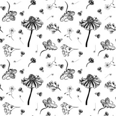 Obraz premium Vector floral seamless pattern with black flowers on white background. Sketch hand drawn herbals