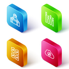 Set Isometric line DJ playing music, Music equalizer, file document and streaming service icon. Vector.