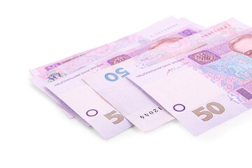 50 Ukrainian Hryvnia banknotes on white background