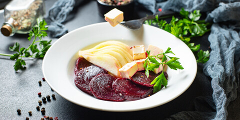 beet salad vegetables cheese feta, beetroot second course aperitif snack ready to eat on the table healthy meal snack copy space for text food background rustic keto or paleo diet