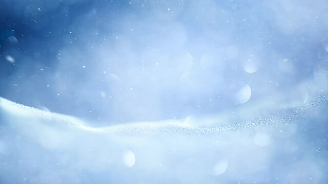 Majestic modern shiny bright blue coloured abstract new year animation with artistic snowy landscape and snow particles  falling motion background.