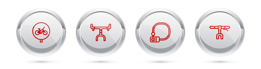 Set line Bicycle, handlebar, lock and . Silver circle button. Vector illustration