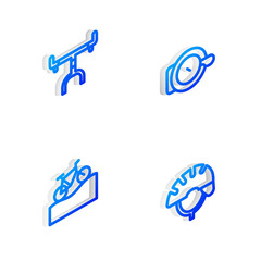 Set Isometric line Bicycle bell, handlebar, Mountain bicycle and helmet icon. Vector.