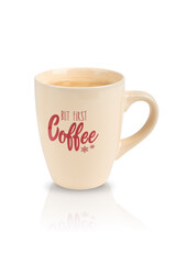 Light beige cup with red lettering full of black scented hot coffee isolated or cut out on white background