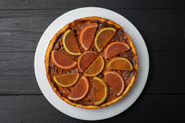 Pumpkin pie on a black background. Garnished with lemon wedges.